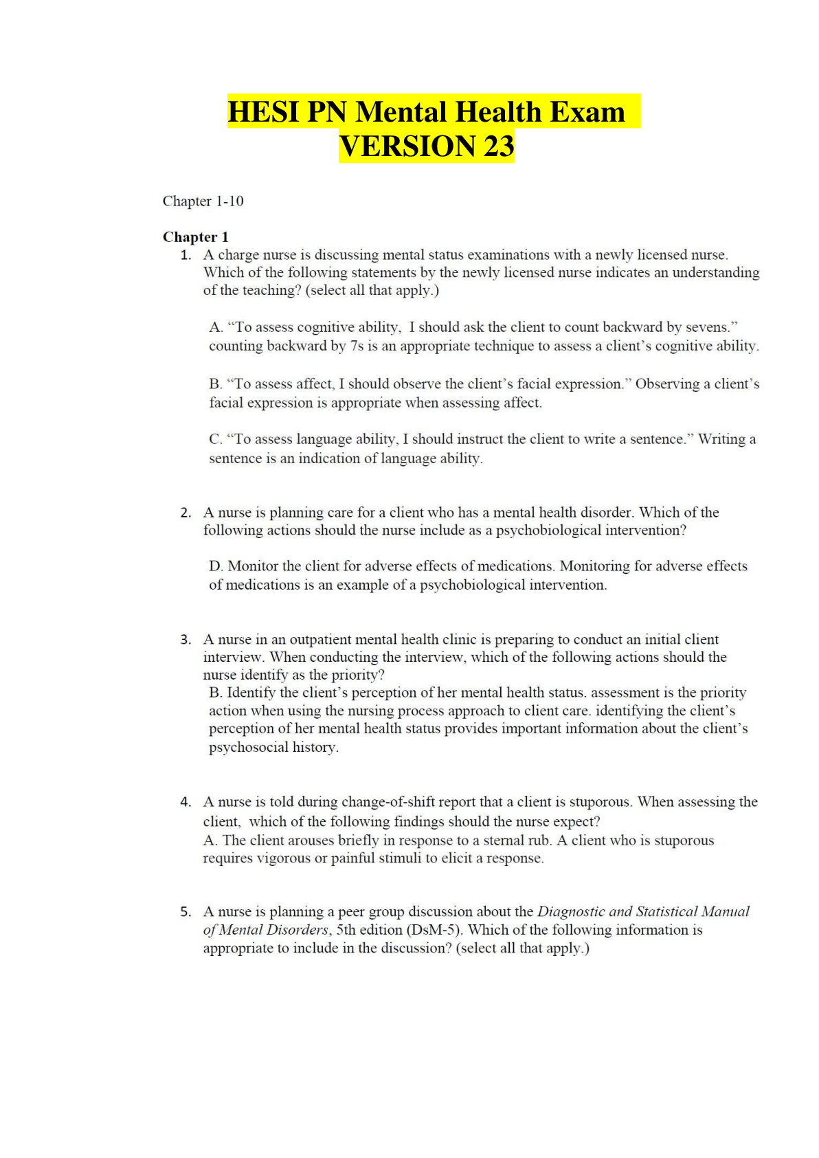 HESI PN Mental Health Exam Version 23 Questions & Answers with